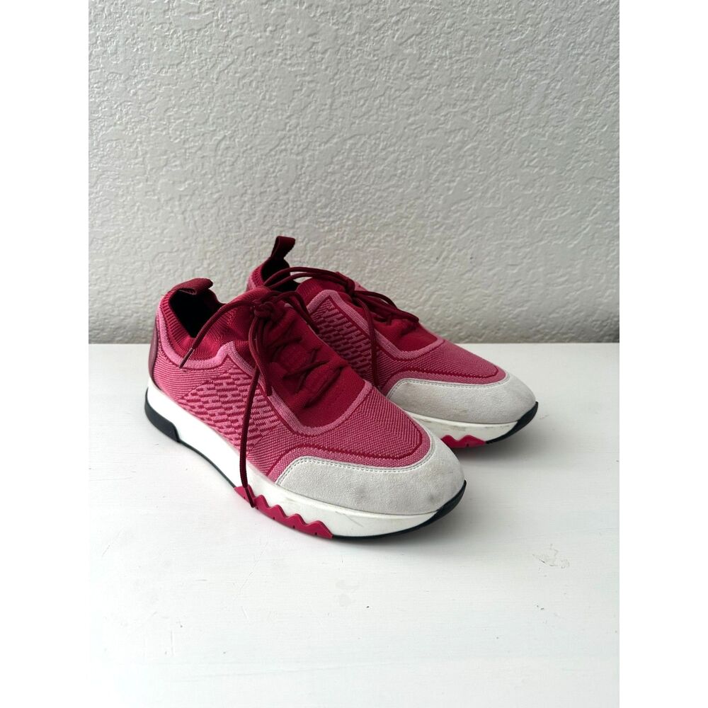 Hermes Addict Sneakers in Pink and White Knit with Suede Goatskin Trim 37.5/ 7.5